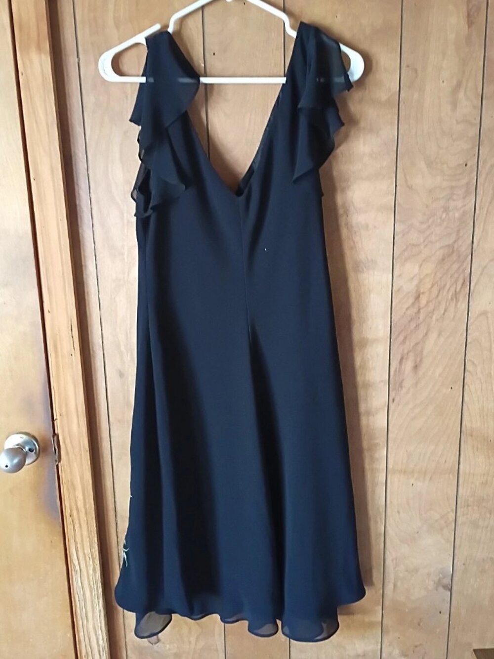 Vintage Y2K Dressbarn Black Midi Dress Pink Floral Embroidery Flutter Sleeve 14 - Picture 5 of 5